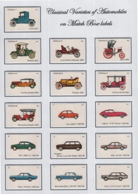 Classic varieties of automobiles on matchbox labels